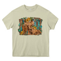 Mossy highland cow family cattle and calf with sunflower and turquoise backg Heavy Core Tee - RanaPortraitStore