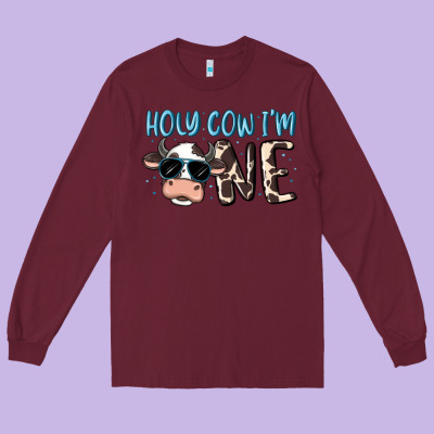 Holy Cow I'm One Long Sleeve Tee Designed By Maliassmallbusiness