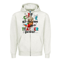 Oatmeal Heather coffee gives me teacher power Zipper Hoodie - NancyCooperArtShop
