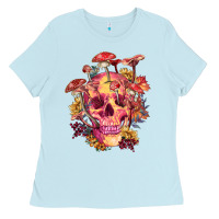Baby Blue Floral skeleton with mushrooms Ladies Tee - RanaPortraitStore