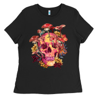 Black Floral skeleton with mushrooms Ladies Tee - RanaPortraitStore