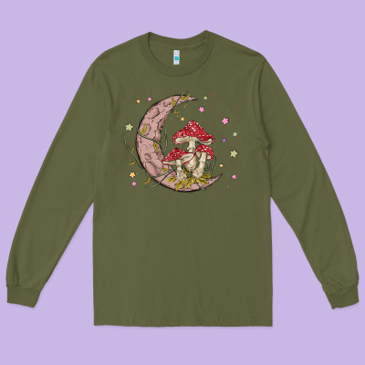 Moon And Mushrooms Long Sleeve Tee Designed By Maliassmallbusiness
