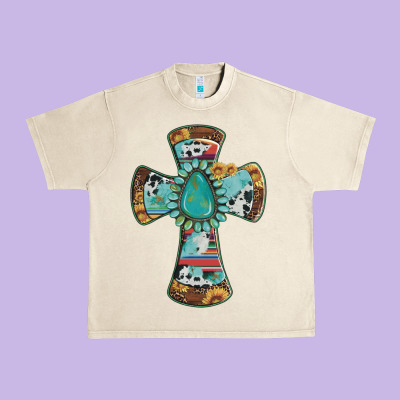 Cross With Leopard Sunflower Gemstone Serape Cowhide Urban Heavy Tee Designed By Artiststas