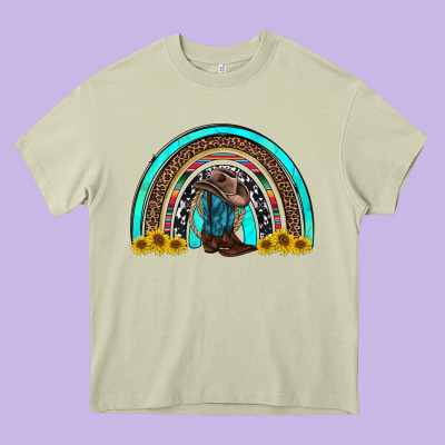 Western Cowboy Boots Sunflowers Rainbow Heavy Core Tee Designed By Ranaportraitstore