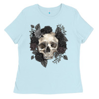 Baby Blue Floral skull Ladies Tee - RanaPortraitStore