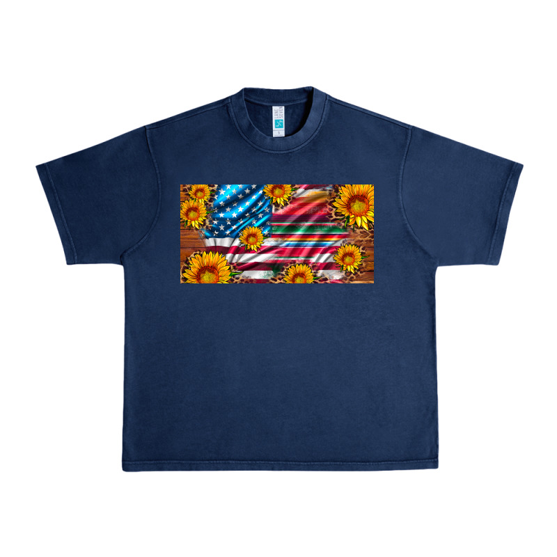 Usa Flag And Serape With Leopard And Sunflowers License Plate Urban Heavy Tee by Artiststas | Teevron