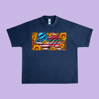 Usa Flag And Serape With Leopard And Sunflowers License Plate Urban Heavy Tee Designed By Artiststas