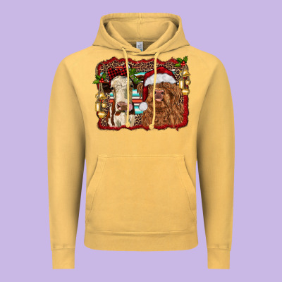 Christmas Heifer And Highland Cow With Serape Background Vintage Hoodie Designed By Ranaportraitstore