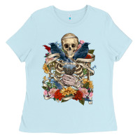 Baby Blue Flower Boho Skull Skeleton Ladies Tee - RanaPortraitStore