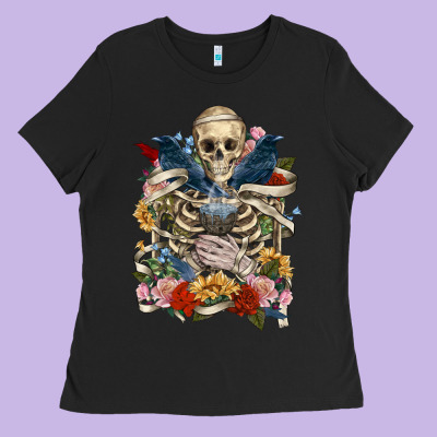 Ladies Tee Flower Boho Skull Skeleton