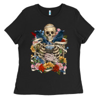Black Flower Boho Skull Skeleton Ladies Tee - RanaPortraitStore