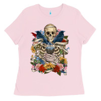 Bubblegum Pink Flower Boho Skull Skeleton Ladies Tee - RanaPortraitStore