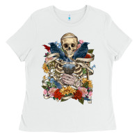 White Flower Boho Skull Skeleton Ladies Tee - RanaPortraitStore