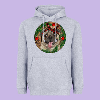 Christmas Pug With Leopard Heavyweight Hoodie Designed By Ranaportraitstore