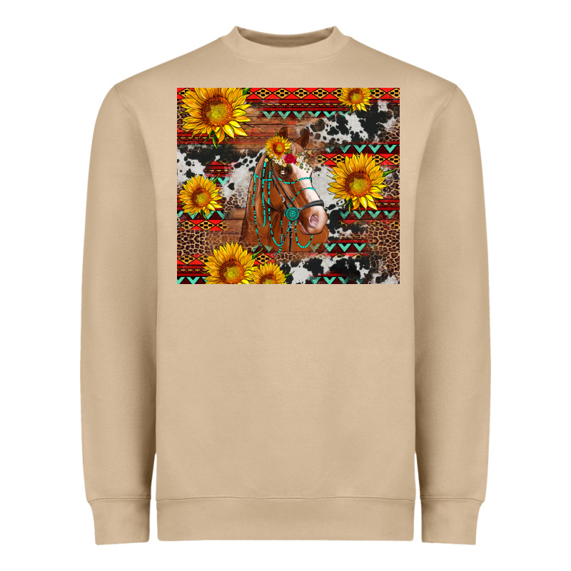 Western Horse With Sunflowers And Aztec Leopard Cowhide Heavyweight Sweatshirt by Artiststas | Teevron