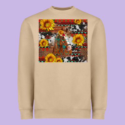 Western Horse With Sunflowers And Aztec Leopard Cowhide Heavyweight Sweatshirt Designed By Artiststas