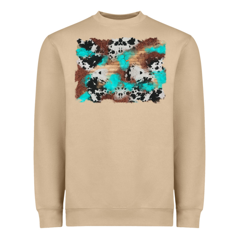 Western Cowhide Turquoise And Wood Background Heavyweight Sweatshirt by Artiststas | Teevron
