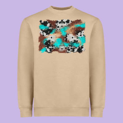 Western Cowhide Turquoise And Wood Background Heavyweight Sweatshirt Designed By Artiststas