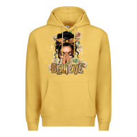 Antique Gold Black Hair Believe Praying Caucasian Messy Bun Premium Hoodie - texasbilliewilder