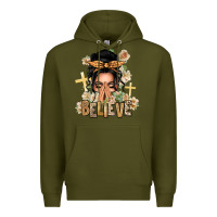 Army Green Black Hair Believe Praying Caucasian Messy Bun Premium Hoodie - texasbilliewilder