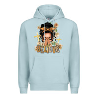 Blue Mist Black Hair Believe Praying Caucasian Messy Bun Premium Hoodie - texasbilliewilder