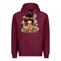 Burgundy Black Hair Believe Praying Caucasian Messy Bun Premium Hoodie - texasbilliewilder