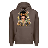 Coffee Black Hair Believe Praying Caucasian Messy Bun Premium Hoodie - texasbilliewilder