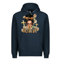 Navy Black Hair Believe Praying Caucasian Messy Bun Premium Hoodie - texasbilliewilder