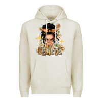 Oatmeal Heather Black Hair Believe Praying Caucasian Messy Bun Premium Hoodie - texasbilliewilder