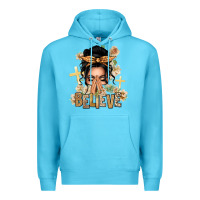Ocean Blue Black Hair Believe Praying Caucasian Messy Bun Premium Hoodie - texasbilliewilder