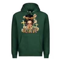 Sports Green Black Hair Believe Praying Caucasian Messy Bun Premium Hoodie - texasbilliewilder