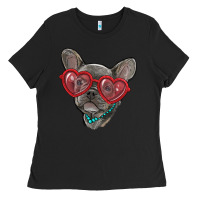 Black french bulldog with love glasses Ladies Tee - RanaPortraitStore