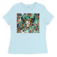 Baby Blue cowhide bull skull Ladies Tee - Zillion Design Studio