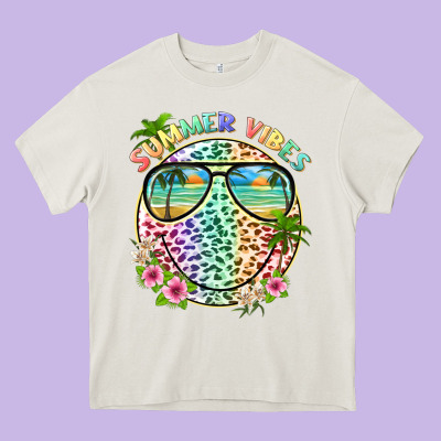 Summer Vibes With Smile Face And Leopard Heavy Core Tee Designed By Texasbilliewilder