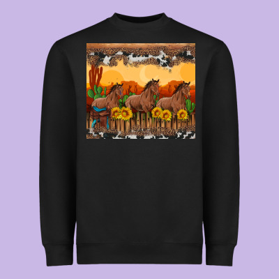 Western Horses And  Sunset With Sunflowers Heavyweight Sweatshirt Designed By Artiststas