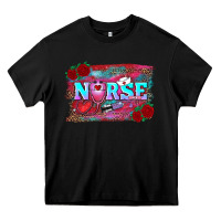 Black valentine's day nurse with leopard and turquoise background Heavy Core Tee - RanaPortraitStore