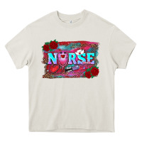 Cream valentine's day nurse with leopard and turquoise background Heavy Core Tee - RanaPortraitStore