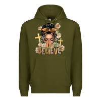 Army Green Gray Hair Believe Praying Caucasian Messy Bun Premium Hoodie - texasbilliewilder