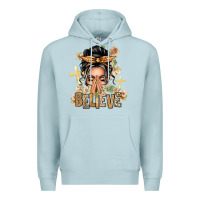 Blue Mist Gray Hair Believe Praying Caucasian Messy Bun Premium Hoodie - texasbilliewilder