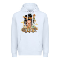 White Gray Hair Believe Praying Caucasian Messy Bun Premium Hoodie - texasbilliewilder