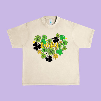 Lucky Heart Shaped Clover Urban Heavy Tee Designed By Adodesignshop