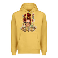 Antique Gold Red Hair Believe Praying Caucasian Messy Bun Premium Hoodie - texasbilliewilder