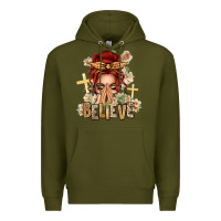 Army Green Red Hair Believe Praying Caucasian Messy Bun Premium Hoodie - texasbilliewilder
