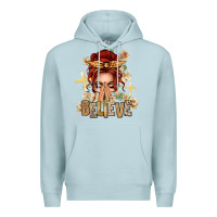 Blue Mist Red Hair Believe Praying Caucasian Messy Bun Premium Hoodie - texasbilliewilder