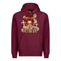 Burgundy Red Hair Believe Praying Caucasian Messy Bun Premium Hoodie - texasbilliewilder
