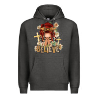 Charcoal Heather Red Hair Believe Praying Caucasian Messy Bun Premium Hoodie - texasbilliewilder