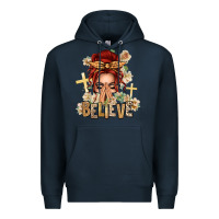 Navy Red Hair Believe Praying Caucasian Messy Bun Premium Hoodie - texasbilliewilder
