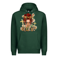 Sports Green Red Hair Believe Praying Caucasian Messy Bun Premium Hoodie - texasbilliewilder