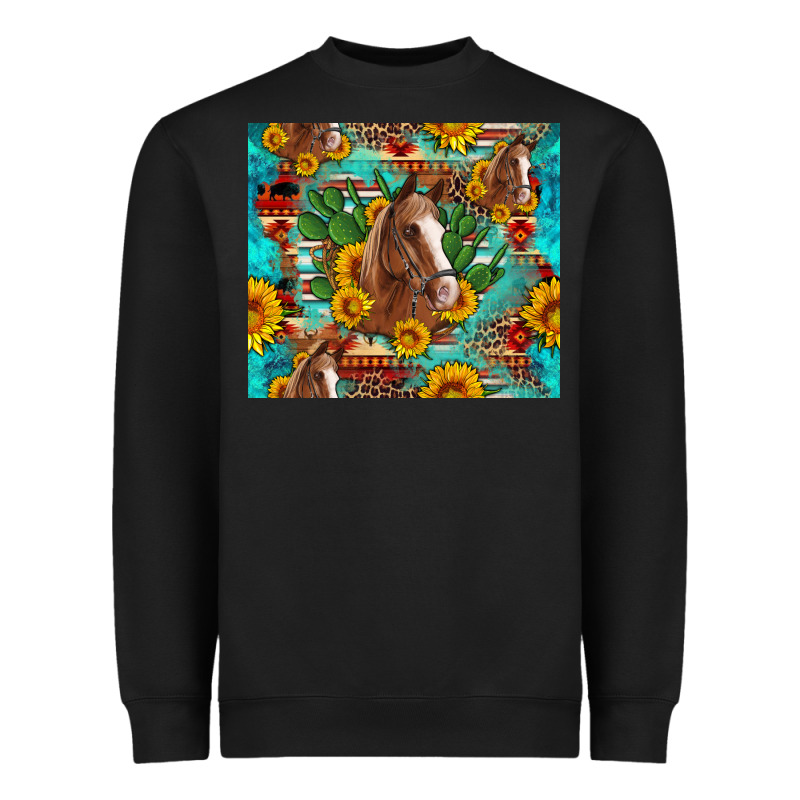 Sunflowers And Cactus Horses Turquoise Aztec Leopard Background Heavyweight Sweatshirt by Artiststas | Teevron