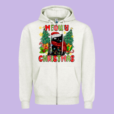 Meowy Christmas Black Cat Zipper Hoodie Designed By Maliassmallbusiness